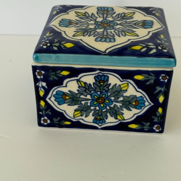 World Market Ceramic Square Trinket Box With Floral Design & Blue Yellow Accents - Picture 6 of 8